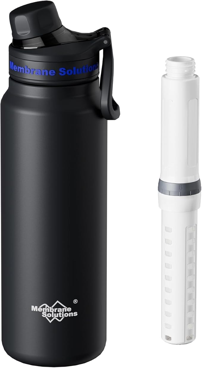 Membrane Solutions C3 Filtered Water Bottle, 32oz Stainless Steel Water Bottle with Replaceable Filter Cartridge, Portable Water Filter, Travel, Hiking & Camping for Drinking Water(Black)