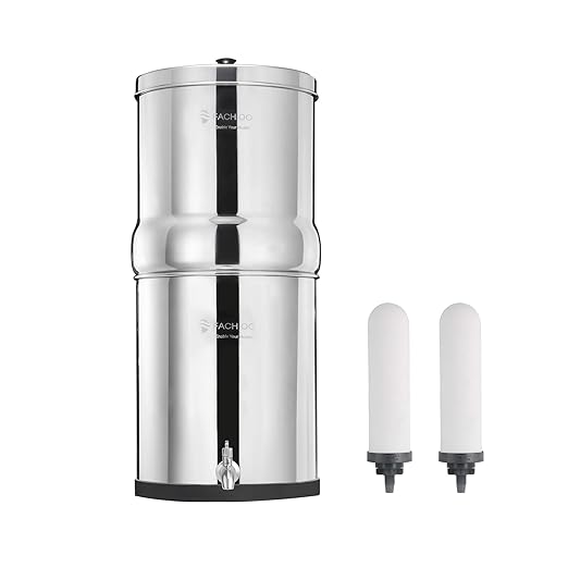2.25 Gallon Stainless Steel Gravity-Fed Water Filter System with 2 White Ceramics Purification Washable Filter, Portable Countertop Filter System for Home and Outdoor Camping Use