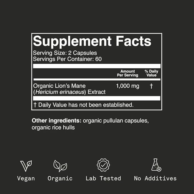 Lions Mane Supplement Capsules, Lion's Mane Mushroom Supplement for Memory, Focus & Mood support, Adaptogen Functional Mushrooms Extract - 100% USDA Organic, Vegan- Glass Jar, 120 Caps, 2 Month Supply