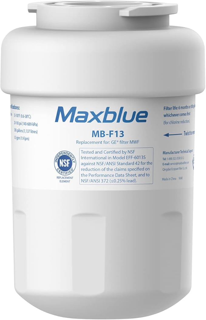 Maxblue MB-F13 Replacement for GE® MWF®, SmartWater® MWFP, MWFINT, MWFA, GWF, HDX FMG-1, GSE25GSHECSS, WFC1201, RWF1060, Kenmore® 9991 Refrigerator Water Filter