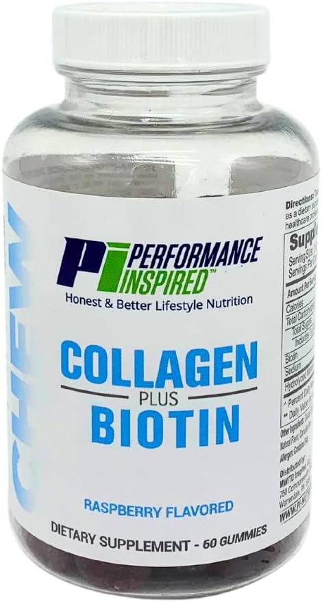 PERFORMANCE INSPIRED Nutrition Collagen + Biotin Gummies – Hydrolyzed Marine Collagen – Supports Hair, Skin & Nails – Raspberry Flavor – 60 Count