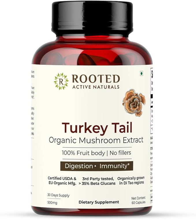 ROOTED Active's Turkey Tail Mushroom Extract Capsules (60 Veg Caps, 500 mg) | Heart Health, Stress Relief, Liver. USDA Organic, 35% Beta Glucans, Certified Organic