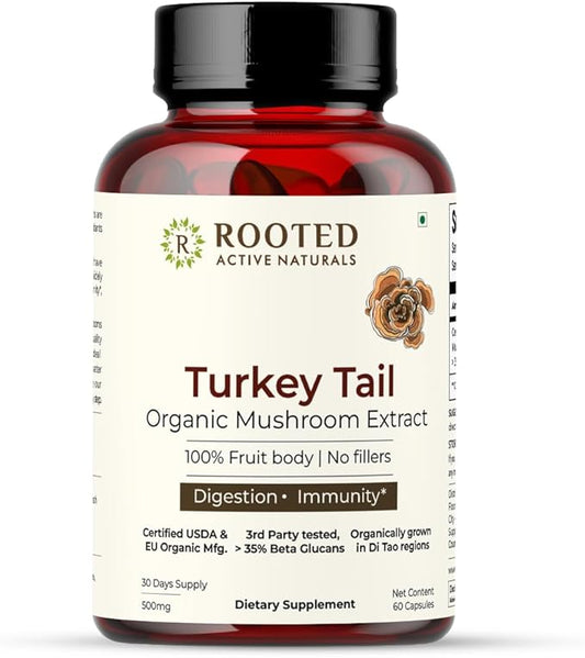 ROOTED Active's Turkey Tail Mushroom Extract Capsules (60 Veg Caps, 500 mg) | Heart Health, Stress Relief, Liver. USDA Organic, 35% Beta Glucans, Certified Organic