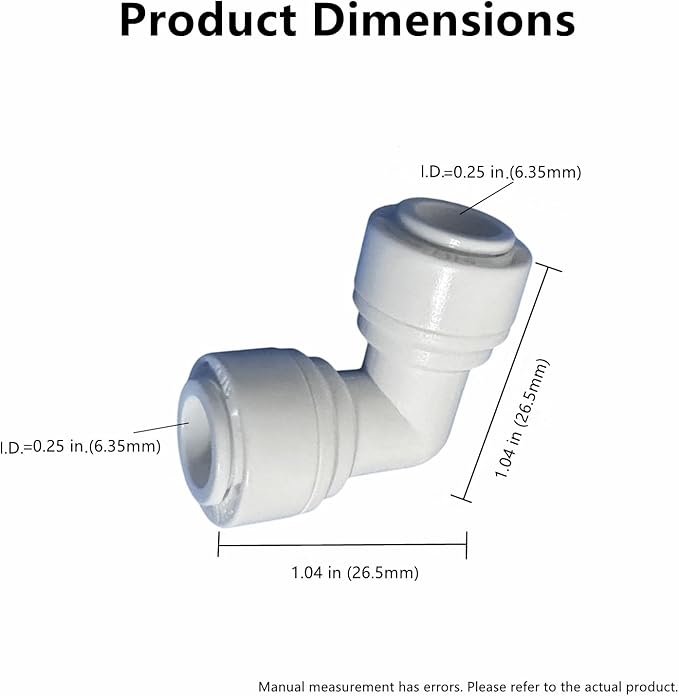 1/4" RO Tubing 90-Degree Elbow Connector, Push-to-Connect Fittings for RO/DI Water Filter Systems & Aquariums (20 Pack)