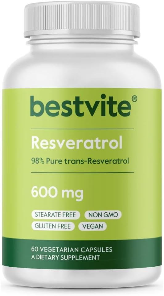 BESTVITE Resveratrol 600mg (60 Vegetarian Capsules) - 98% Pure Trans-Resveratrol - No Stearates- Vegan - Gluten Free - Non GMO