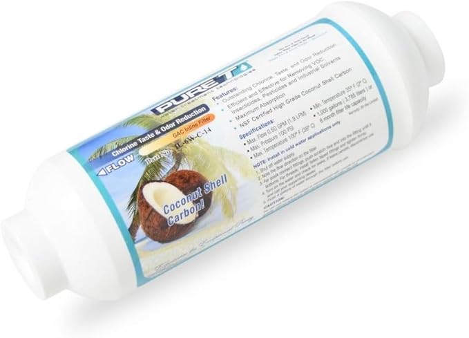 PureT IL-6W-C-14, 2"x6" (1/4" Threaded Connection) Inline Post GAC Carbon Filter - NSF Certified - Reverse Osmosis Water Filter, Lifetime of 1 Year or 700 Gallons