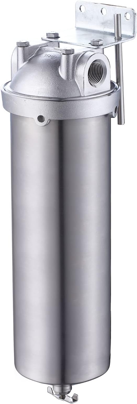 Amwater NSF/ANSI 42 Stainless Steel Whole House Water Filter Housing, 10" x 2.5" Sediment Water Filter System for Heavy Duty, Well & City Water, 1" NPT Port, Drain Valve Style A