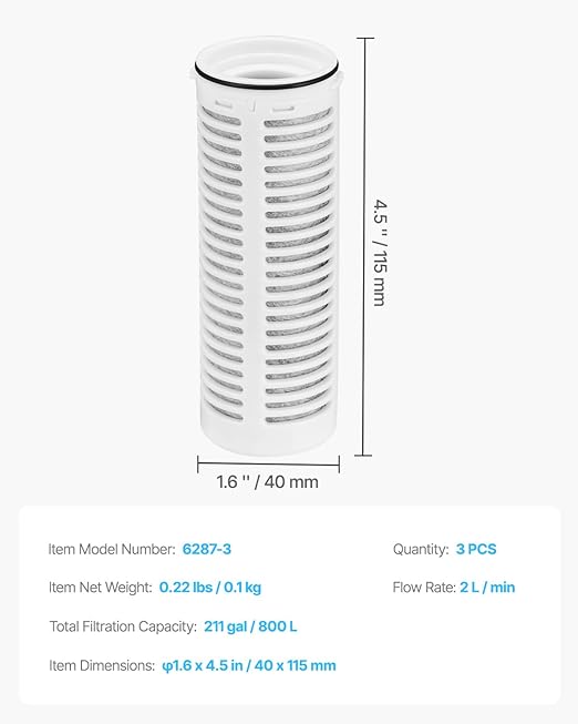 VEVOR Pitcher Water Filter Replacements, 3-Pack Water Filters for Pitchers and Dispensers, No BPA, Last 3 Months or 211 Gallons, Reduce Chlorine, Rust, Odors, PFOA/PFOS, for Water Filter Pitcher 6287