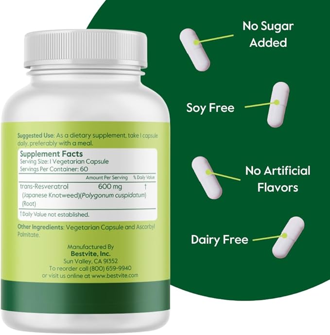 BESTVITE Resveratrol 600mg (60 Vegetarian Capsules) - 98% Pure Trans-Resveratrol - No Stearates- Vegan - Gluten Free - Non GMO