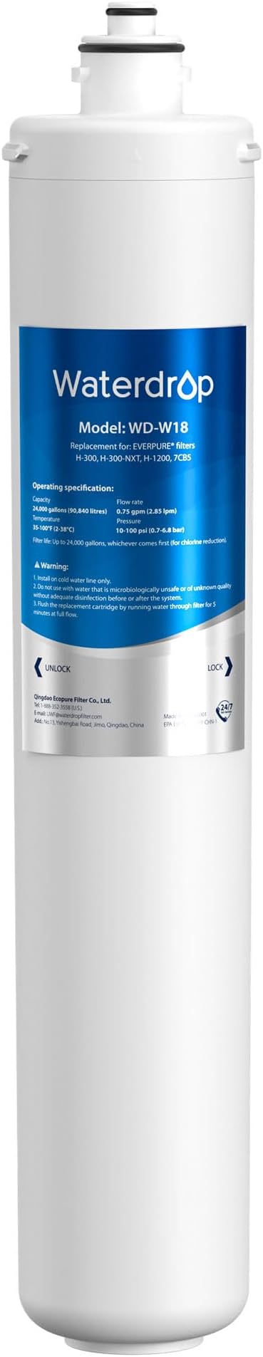 Waterdrop H-300 Under Sink Water Filter, 24000 Gallons, Replacement Cartridge for Everpure H-300, H-300-NXT, 7CB5, EV9270-71, EV9270-72, EV9618-11, EV9855-50, EV9282-01, Pack of 1