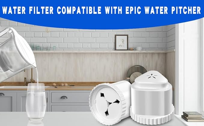 4 Pack Water Filter Compatible with EPIC Water Filter Pitcher，150 Gallons Replacement Filter for Aquagear Seychelle, BPA Free,Removes Fluoride, Chlorine, Lead, Odors