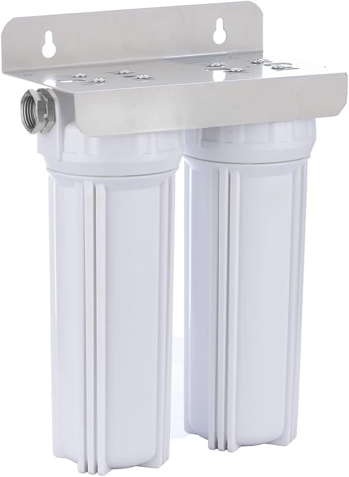 External RV Dual Water Filter System for Reducing Sediment, Dirt, Sand, Rust, Scale Particles & Chlorine Taste | 3/4" GHT 304 Adapter,Mounting Bracket and Two Filters Included