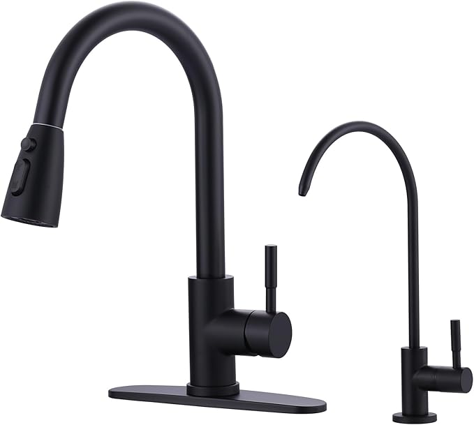 Black Kitchen Faucet and Water Filter Faucet Combo, WOWOW Stainless Steel Kitchen Sink Faucet with Drinking Water Faucet for Reverse Osmosis or Water Filtration System, Matte Black