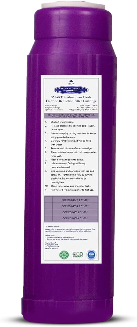 Crystal Quest SMART + Aluminum Oxide Water Filter Cartridge – Reduces Fluoride & Chlorine – 1-Micron Filtration for Clean, Great-Tasting Water – Long-Lasting Performance 2-7/8" x 9-3/4"