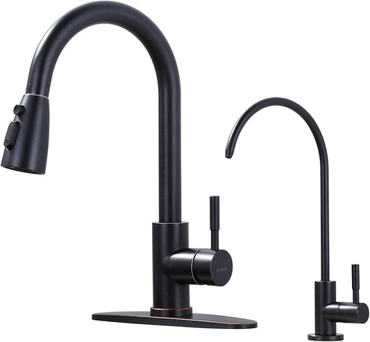 Kitchen Faucet and Water Filter Faucet Combo, WOWOW Stainless Steel Kitchen Sink Faucet with Drinking Water Faucet for Reverse Osmosis or Water Filtration System, Oil-Rubbed Bronze