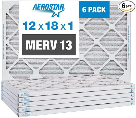 Aerostar 12x18x1 MERV 13-6 Count - Pleated Furnace & Air Conditioner Filters - Removes Bacteria, Dust, Cold & Flu Germs, Lint, Mold, Pet Dander, Allergy-Causing Pollen, Smog, Smoke & Viruses