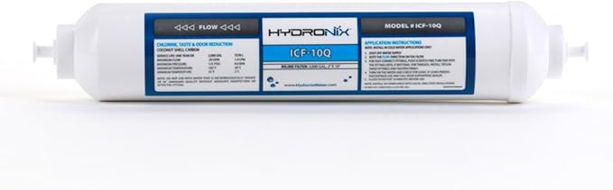Hydronix ICF-10Q Inline Reverse Osmosis Post, Fridge & Ice Coconut GAC Water Filter 2000 Gal, 1/4" Quick Connect