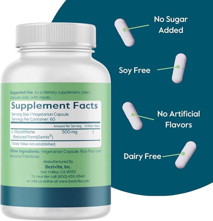 BESTVITE L-Glutathione 500mg w Setria (60 Veggie caps) - No Stearates - Vegan - Gluten Free - Non GMO