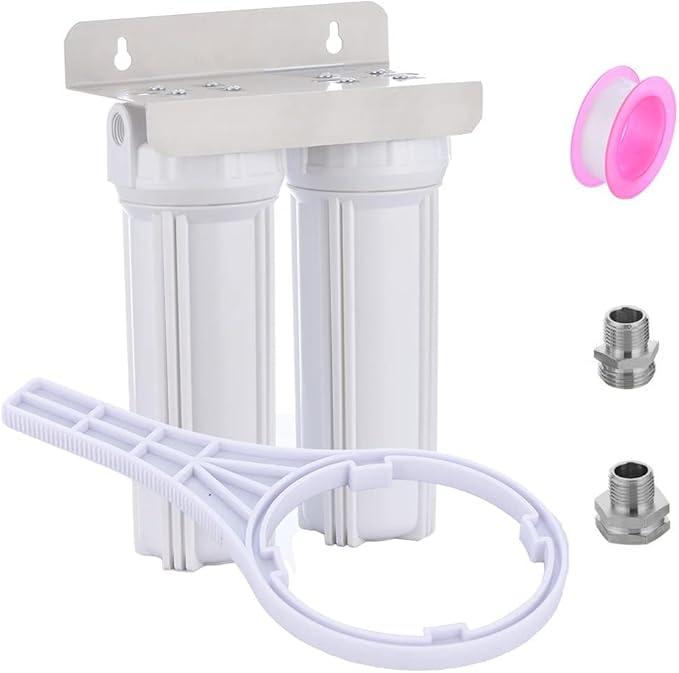 External RV Dual Water Filter System for Reducing Sediment, Dirt, Sand, Rust, Scale Particles & Chlorine Taste | 3/4" GHT 304 Adapter,Mounting Bracket and Two Filters Included