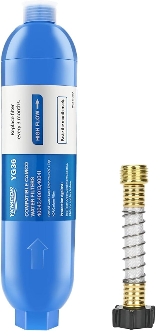 RV Inline/Marine Water Filter With Flexible Hose Protector, Reduce Bad Taste, Odors, Rust, Fluoride, Chlorine and Sediment in Drinking Water (1 Pack)