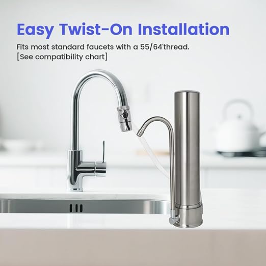 Amwater Countertop Water Filtration System, 5-Stage Reduces,Ceramic Water Filter Reduction of Sediment,Chlorine,Heavy Metal Bad Taste/Odors,Stainless Steel Faucet Water Filtration for 8000 Gallons