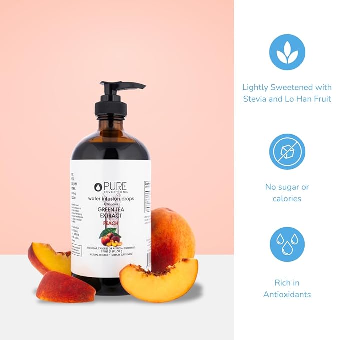 Pure Inventions - Green Tea Peach Water Infusion Drops - Antioxidants & Electrolytes - Health & Wellness Drink - Immunity Support - Sugar Free, Zero Calorie, No Artificial Sweeteners - 500 Servings
