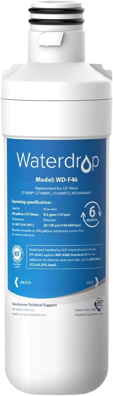Waterdrop LT1000PC ADQ747935 MDJ64844601 Refrigerator Water Filter, Replacement for LG® LT1000P®, ADQ74793501, ADQ74793502, 46-9980, 9980, LFXC24796S, LSFXC2496D, NSF Certified