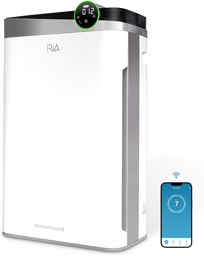 RIA Smart Air Purifier BreezeGuard 2-in-1 with Built-In Humidifier, Industrial-Grade Air Cleaner, for Large Homes up to 2500 SqFt, Smart App Remote Control, Removes Wildfire Smoke, PM2.5, Allergens