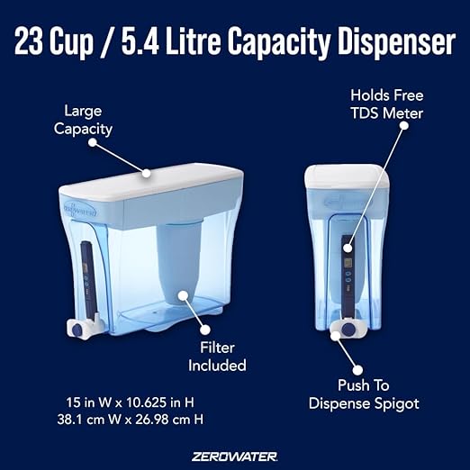 ZeroWater 23-Cup Dispenser Ready-Pour 5-Stage Water Filter with 0 TDS Water Filter – IAPMO Certified to Reduce Lead, Chromium, and PFOA/PFOS
