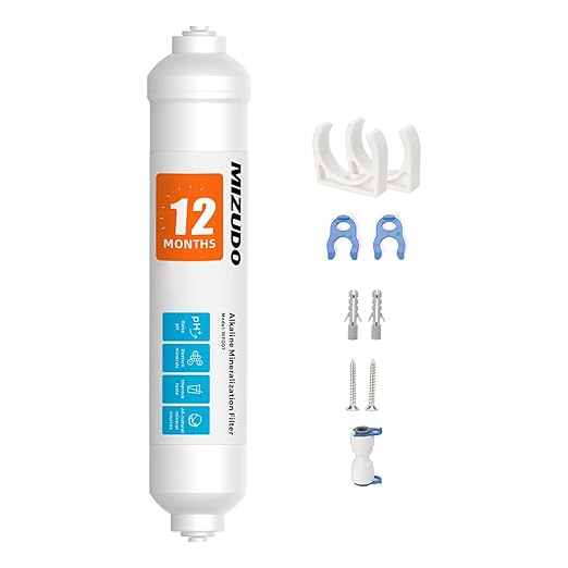 12 Months Remineralization Filter, MIZUDO 1/4" Quick Connect Alkaline Filter for RO Reverse Osmosis System Under Sink, PH Balance and Restore Minerals, 10-inch