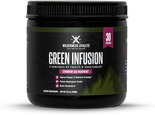 Wilderness Athlete Green Infusion, Supergreen Superfood Power Greens Powder, Wheatgrass Powder with Astragalus Root, Green Tea Extract, & Chlorella, (Strawberry Acaí Passionfruit), 8.5 Oz
