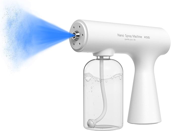 Handheld Rechargeable ULV Nano Mist Mister with Blue Light Electrostatic Technology, Portable Barbershop Humidifier for Hair Salons, Home, Office & Car Wireless Atomizer for Air Refresh（K5SPro White）