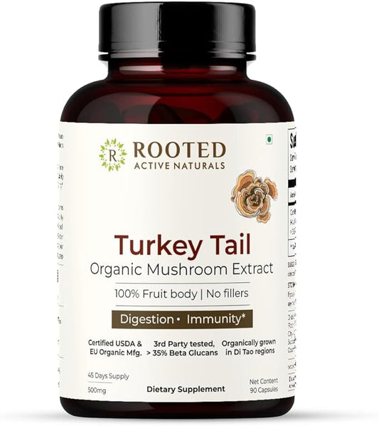ROOTED Active's Turkey Tail Mushroom Extract Capsules | Heart Health, Stress Relief, Liver. USDA Organic, 35% Beta Glucans, Certified Organic (90 Capsules)