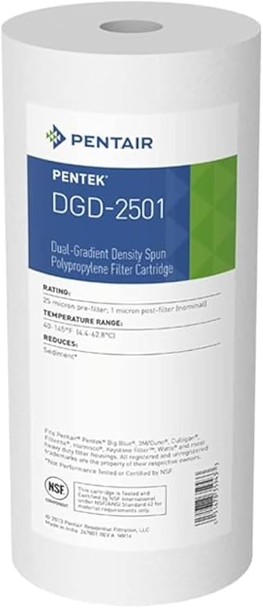 Pentair Pentek DGD-2501 Big Blue Water Filter, 10-Inch Whole House Sediment Filter Cartridge Replacement, Dual-Gradient Density Spun Polypropylene, 10" x 4.5", 1 Micron, Pack of 1