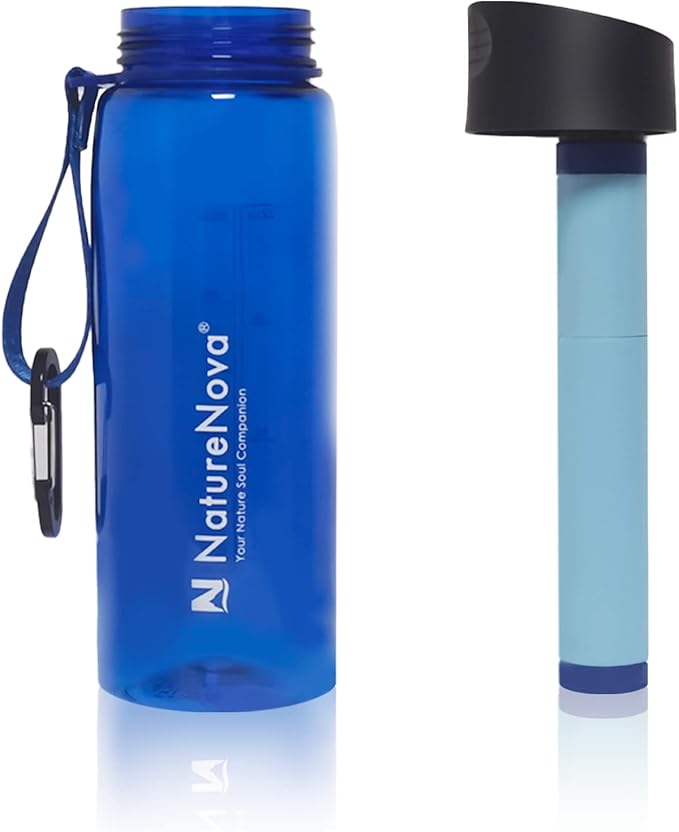 Water Filter Bottle with 4-Stage Integrated Filter Straw BPA Free for Camping, Hiking, Backpacking, Emergency and Travel, Black 650ml