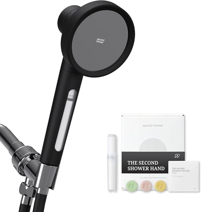 SecondShower Hand Clinically Proven Filtered Shower Head for Skin Health, High Pressure Handheld with NSF Certified Filtration for Hard Water, Natural Vitamin C Shower Filter (Matte Black)