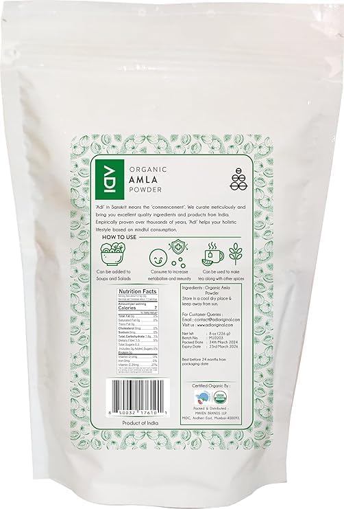 ADI Organic Amla Powder 8oz, 100% Pure Natural Amalaki Powder, Support hair growth, Indian gooseberry, Natural Vitamin C, USDA Certified