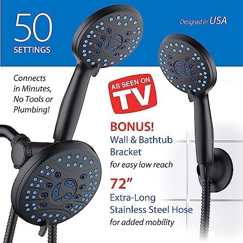 Hotel Spa AquaCare for California As-Seen-On-TV High Pressure Handheld Rain 50-mode 3-way Shower Head Combo, Anti-clog Jets, 2-mode Tub & Pet Power Wash, Wall Bracket, 6 ft. Hose, Matte Black