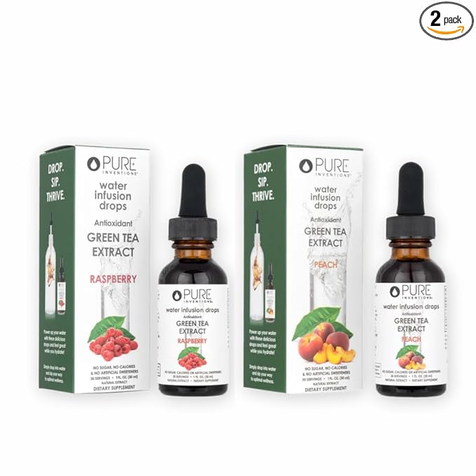 Pure Inventions - Green Tea Raspberry & Peach Water Infusion Drops -Antioxidants & Electrolytes -Health & Wellness -Immune Support -Sugar Free, Zero Calorie, No Artificial Sweeteners -30 Servings Each