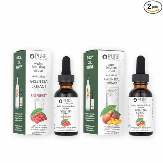 Pure Inventions - Green Tea Raspberry & Peach Water Infusion Drops -Antioxidants & Electrolytes -Health & Wellness -Immune Support -Sugar Free, Zero Calorie, No Artificial Sweeteners -30 Servings Each