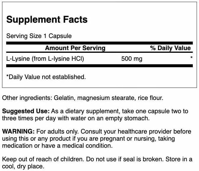 Swanson Amino Acid Free-Form L-Lysine 500 Milligrams 100 Capsules (2 Pack)