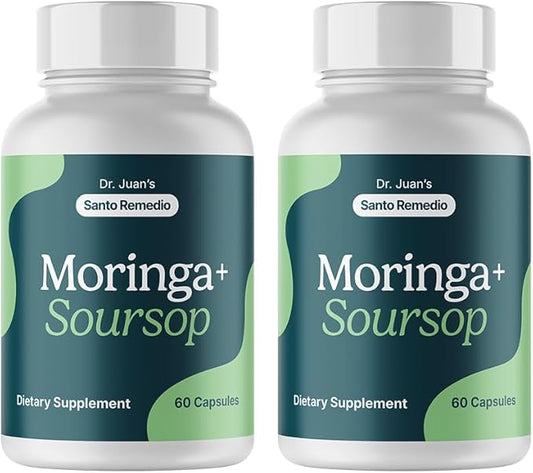 Santo Remedio Moringa and Soursop, Dietary Supplement, Supports Overall Health and The Immune System, 2 Bottles of 60 Capsules, 60 Servings, Gluten-Free, Non-GMO, No Added Sugar.
