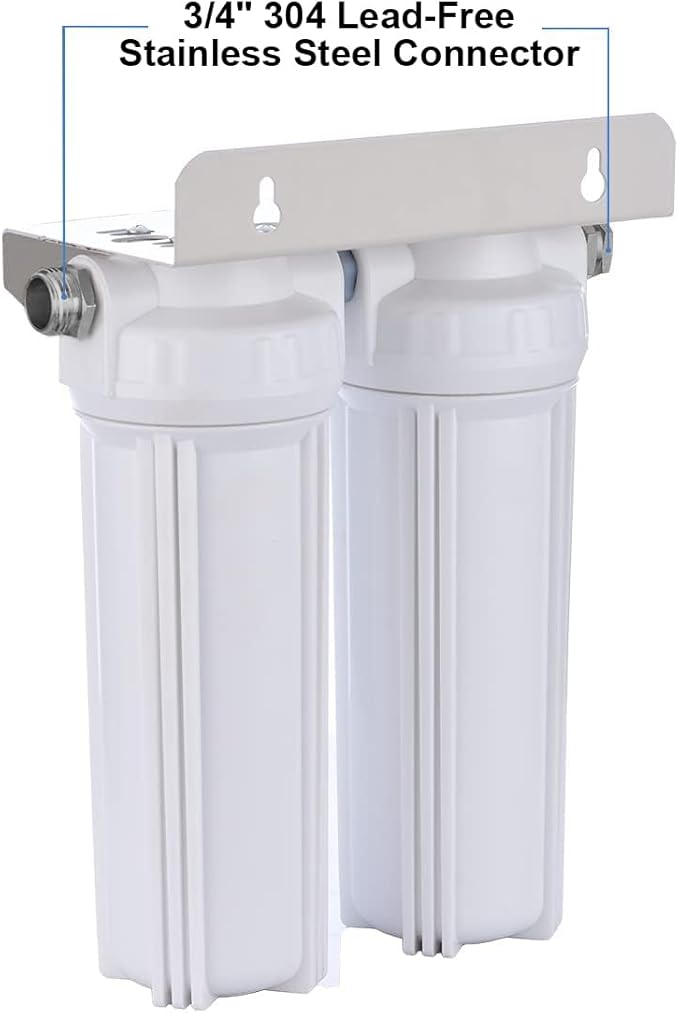 External RV Dual Water Filter System for Reducing Sediment, Dirt, Sand, Rust, Scale Particles & Chlorine Taste | 3/4" GHT 304 Adapter,Mounting Bracket and Two Filters Included