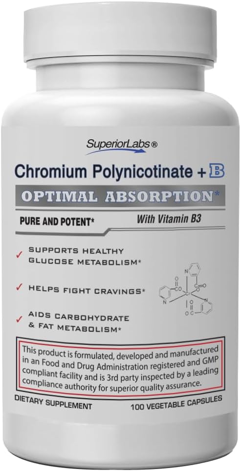 Superior Labs Chromium Polynicotinate 200mcg with Vitamin B3, Non-GMO, High Absorption Niacin-Bound Supplement, Supports Healthy Blood Sugar Levels and Metabolism, 100 Veg Caps, 14-Week Supply