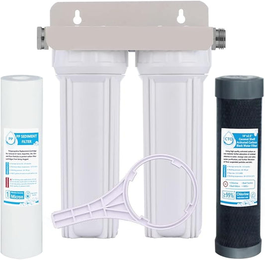 External RV Dual Water Filter System for Reducing Sediment, Dirt, Sand, Rust, Scale Particles & Chlorine Taste | 3/4" GHT 304 Adapter,Mounting Bracket and Two Filters Included