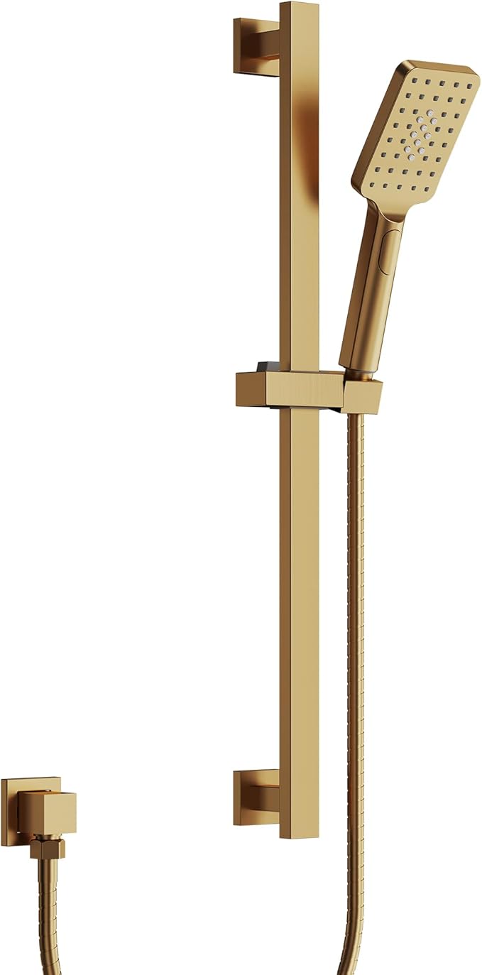 EVESTEIN Adjustable Hand Held Shower with Slide Bar, 3-Function Handshower Head with Hose, Brushed Gold