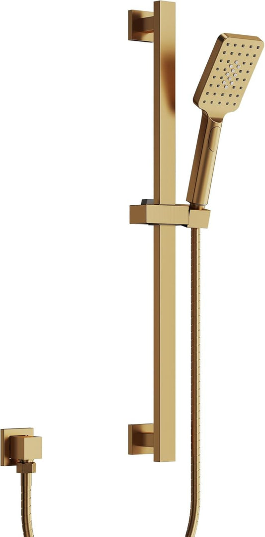 EVESTEIN Adjustable Hand Held Shower with Slide Bar, 3-Function Handshower Head with Hose, Brushed Gold