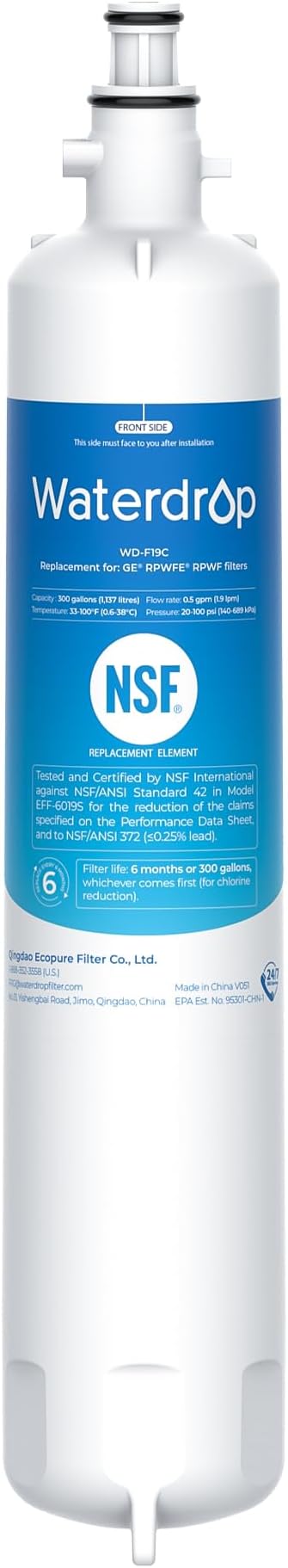 Waterdrop Replacement for GE® RPWFE®, RPWF (Built-in CHIP) Refrigerator Water Filter, Compatible with GFE28GYNFS, GFE28GELDS, PFE28KELDS, PFE28KYNFS, GFD28GELDS, PWE23KELDS, PWE23KMKES