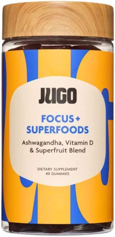JUGO Focus + SUPERFOODS | Ashwagandha Gummies with Vitamin D3 & Superfruit Blend | 40 Count Plant - Based Adaptogen Gummies | Gelatin-Free, Non-GMO, Made in USA