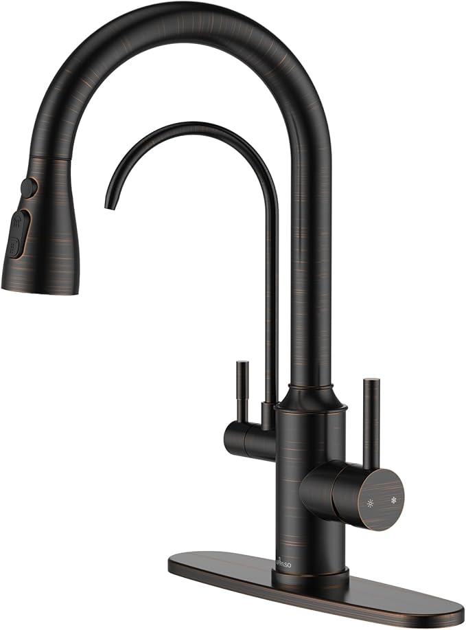 APPASO Kitchen Faucet with Water Filter, Without Water Filtration Device, Oil Rubbed Bronze 3-in-1 Kitchen Sink Faucet, High Arch 2-Handle 3-Way Kitchen Faucet with Pull-Down Sprayer